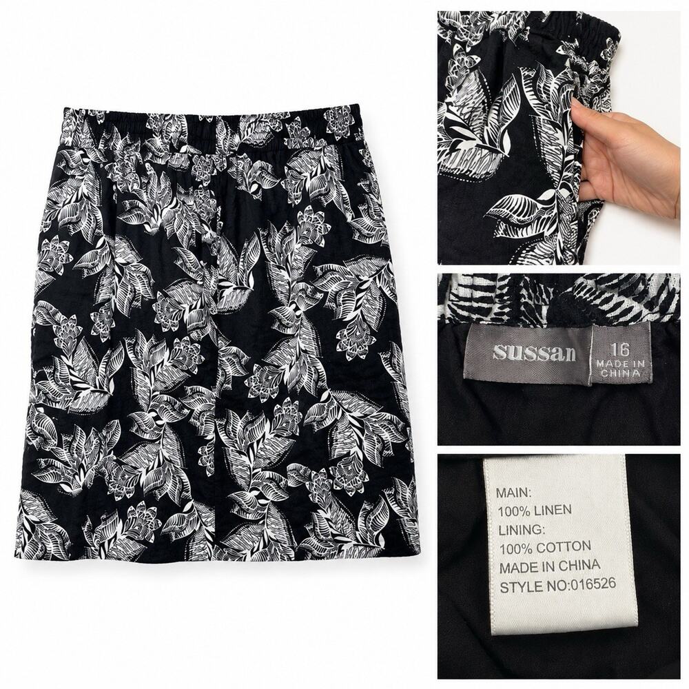 Sussan 100% Linen Floral Skirt Size 16 Black Pockets Lined Elastic Waist
